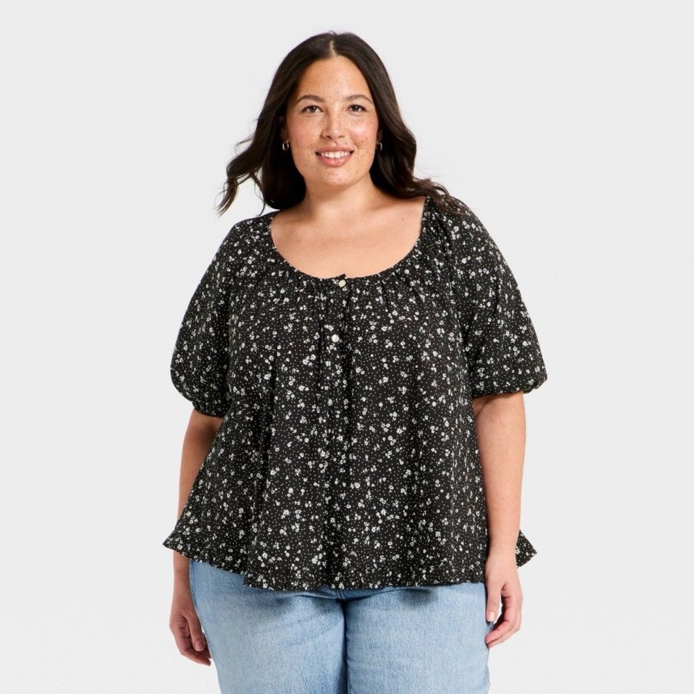 Black Floral Scoop Neck Peasant Top